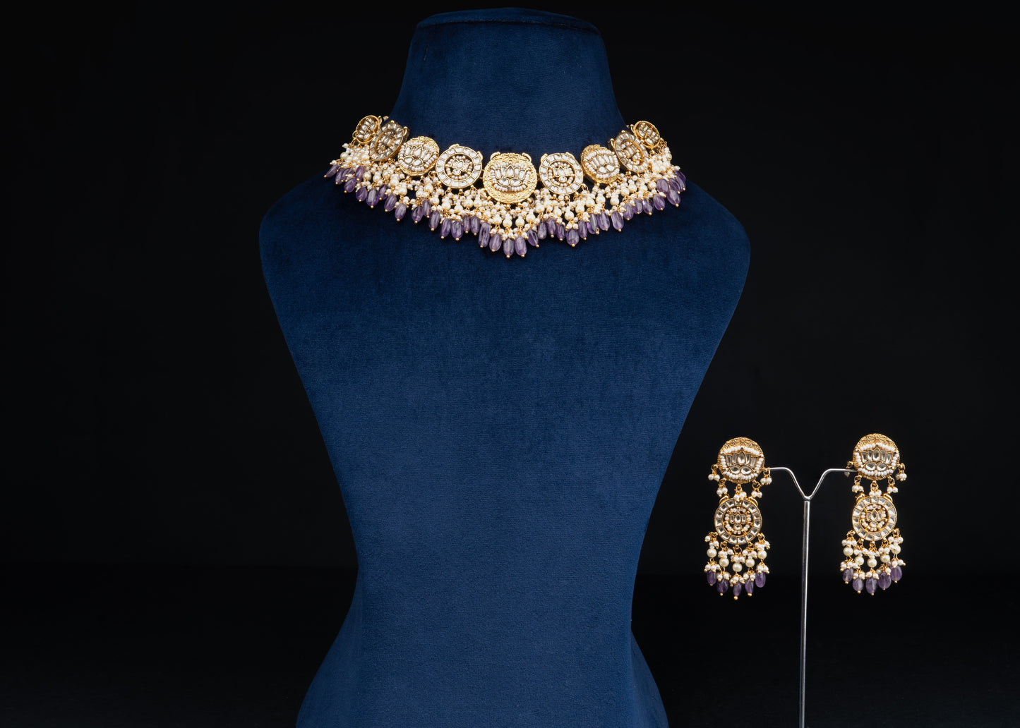 White Jadau Purple beads Necklace Set