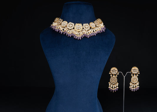White Jadau Purple beads Necklace Set