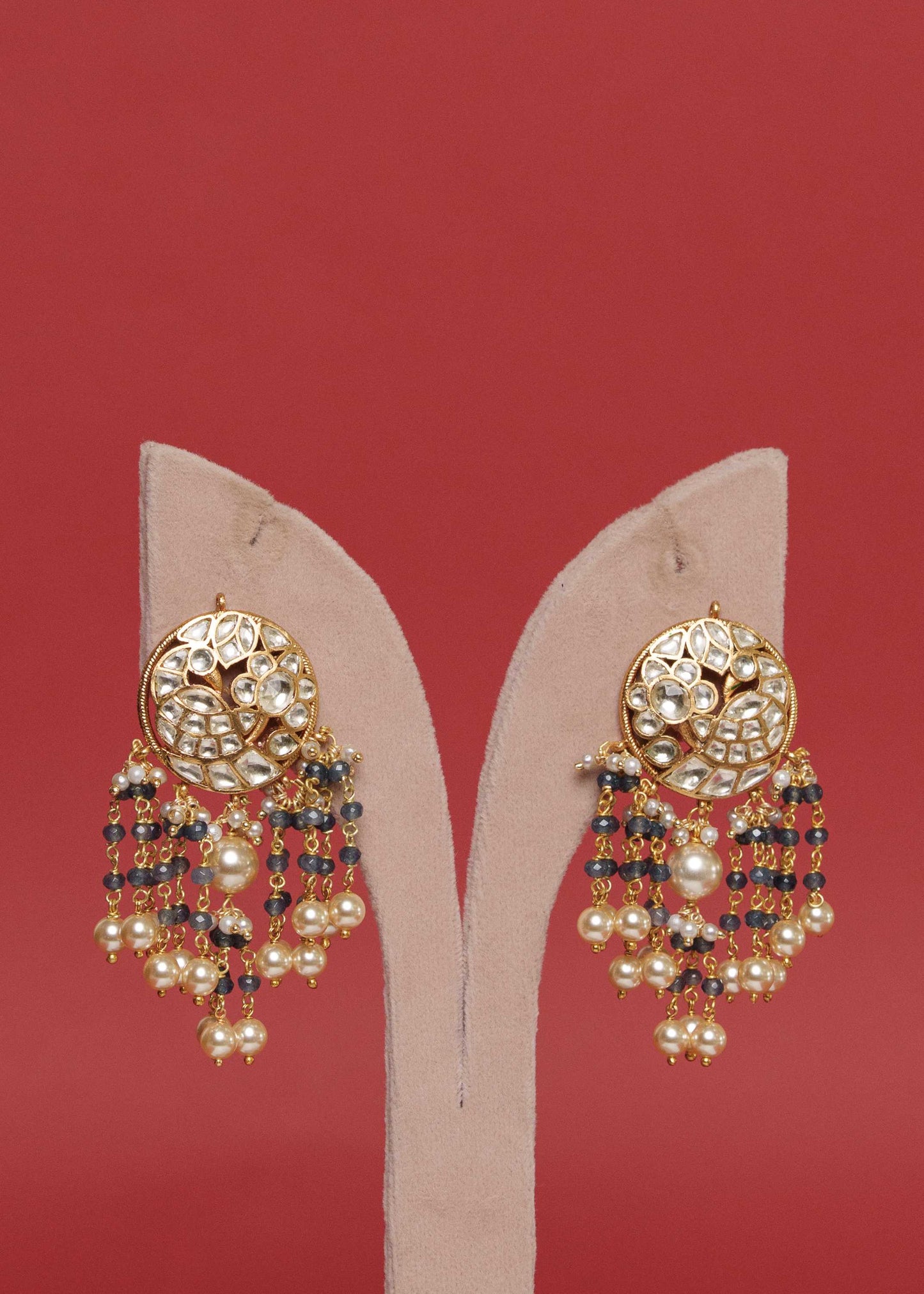 White Jadau Pendant Blue Beads Necklace Set - VNN471