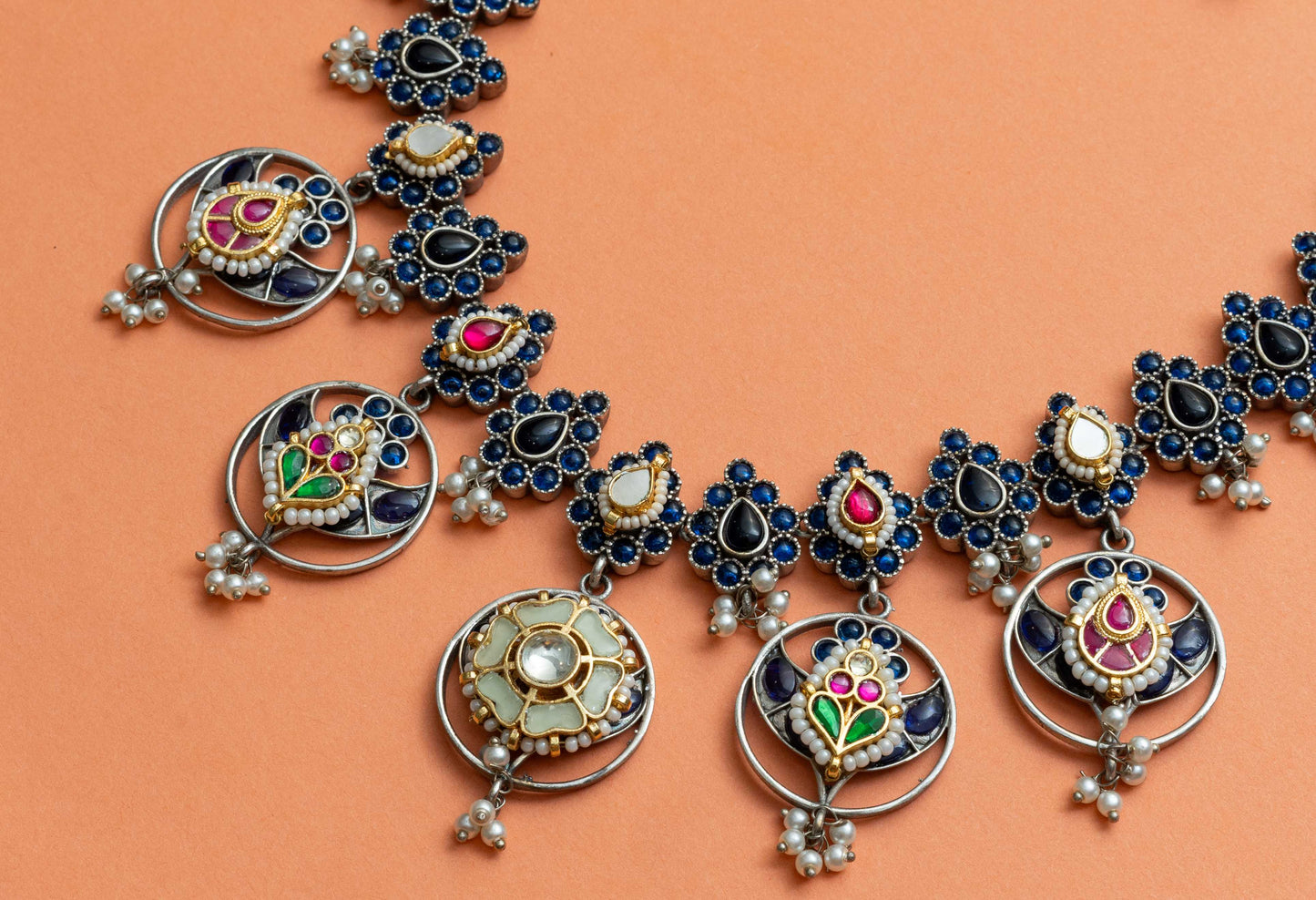Blue Stone Pearl Necklace Set - VNG085
