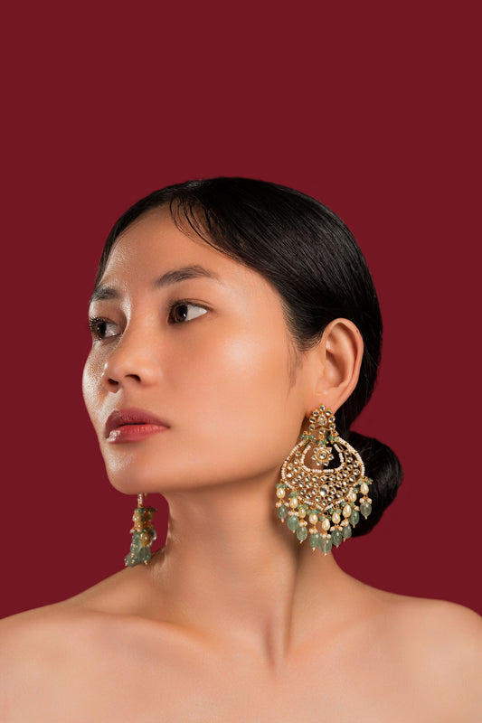 Jadau Chandbali With Green Beads - VNE020