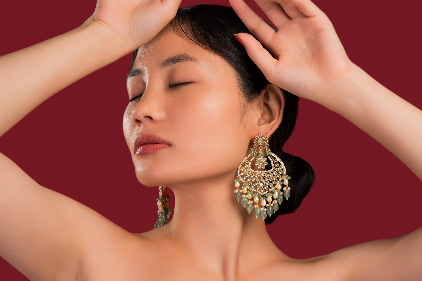 Jadau Chandbali With Green Beads - VNE020