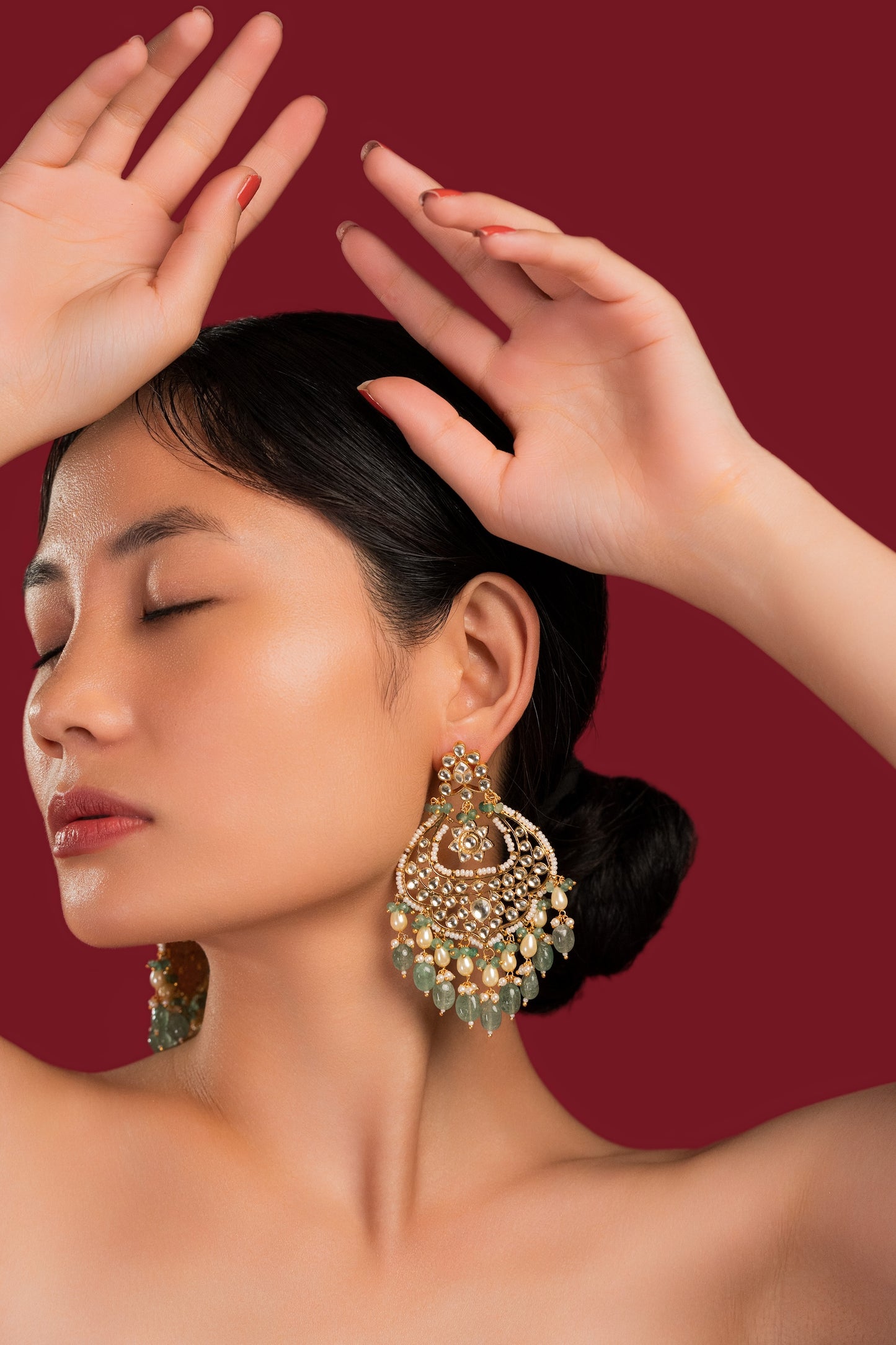 Jadau Chandbali With Green Beads - VNE020