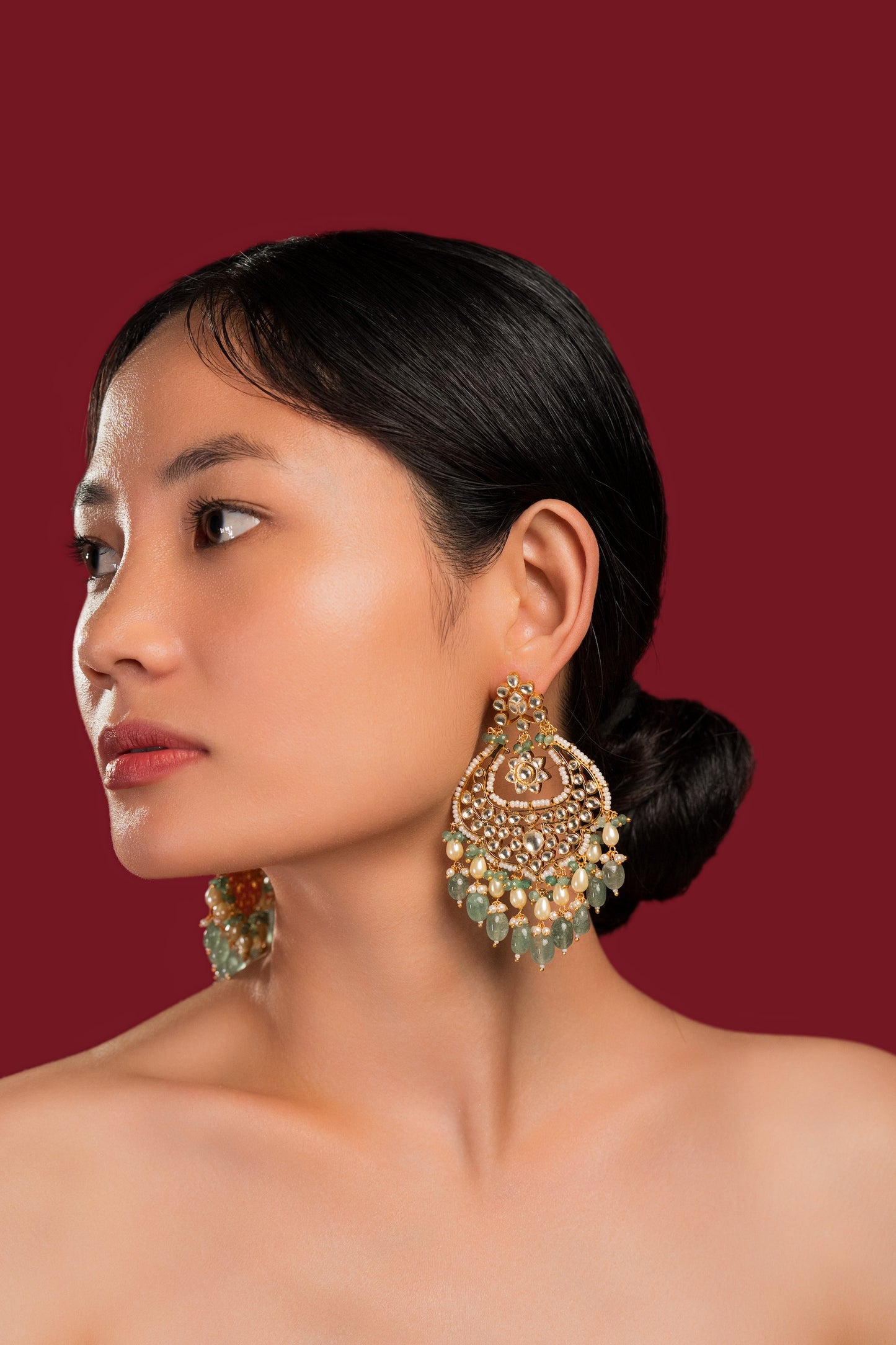 Jadau Chandbali With Green Beads - VNE020
