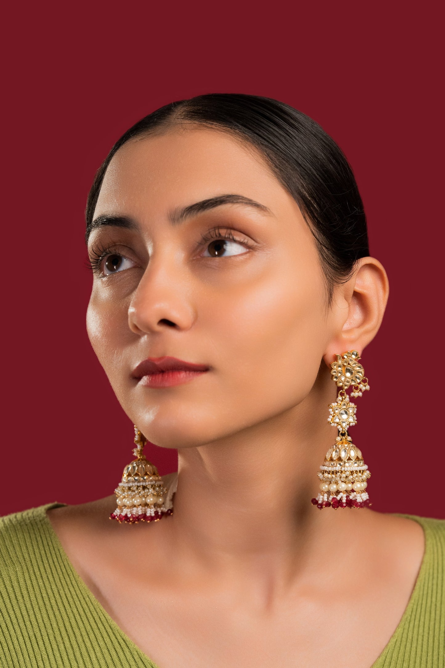 White Maroon Jadau Jumkha - VNE021