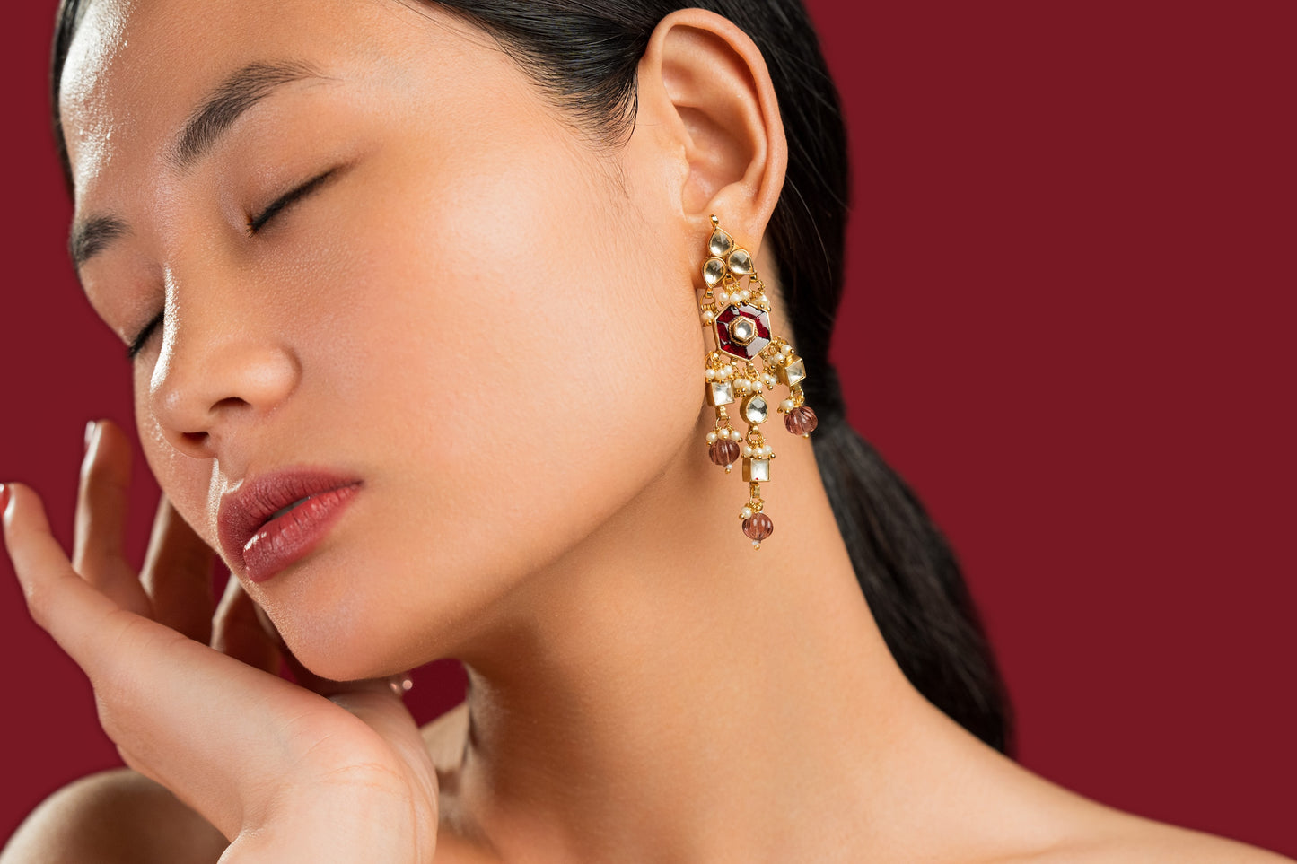 Maroon Jadau Earrings - VNE039