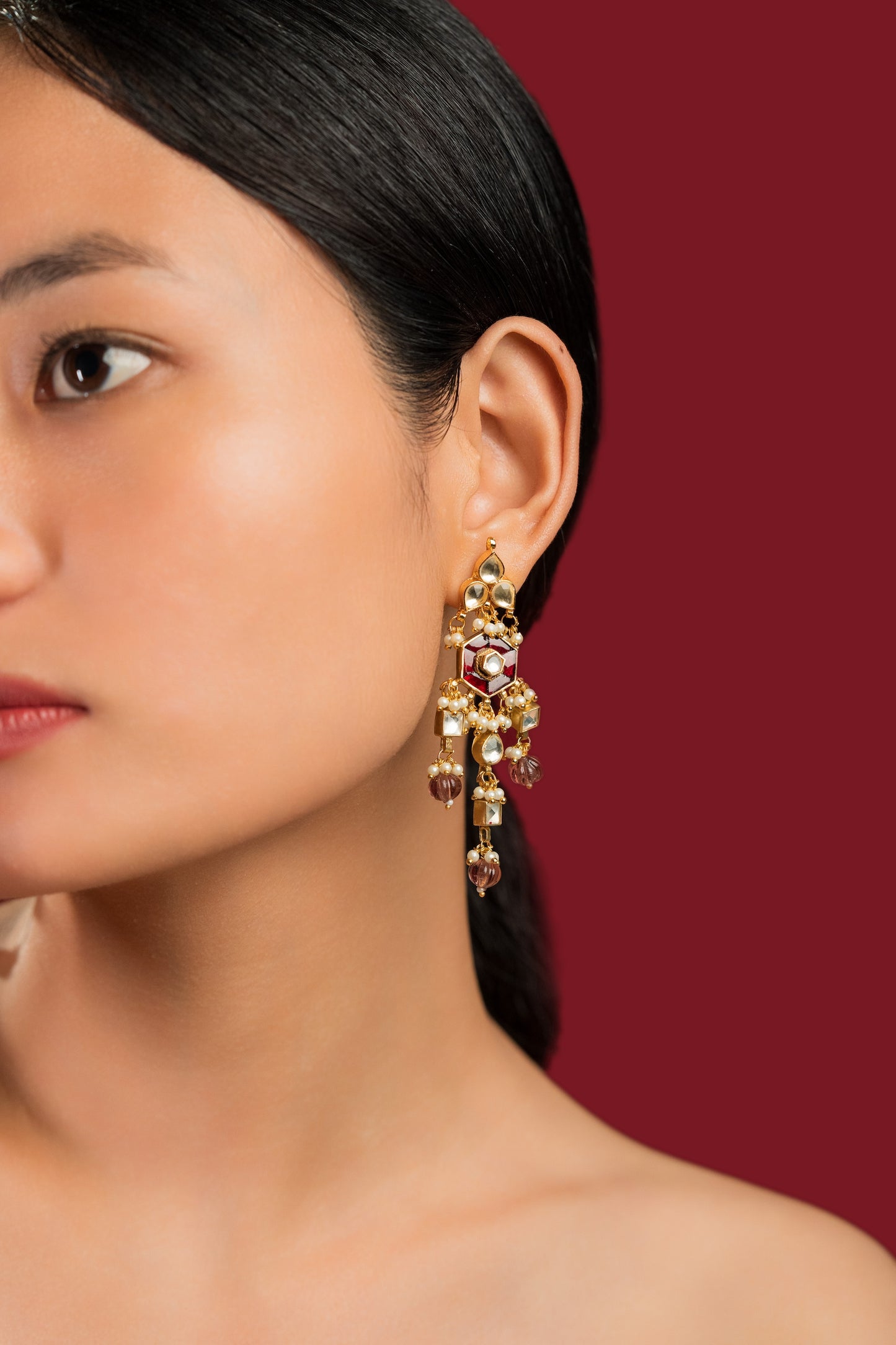 Maroon Jadau Earrings - VNE039
