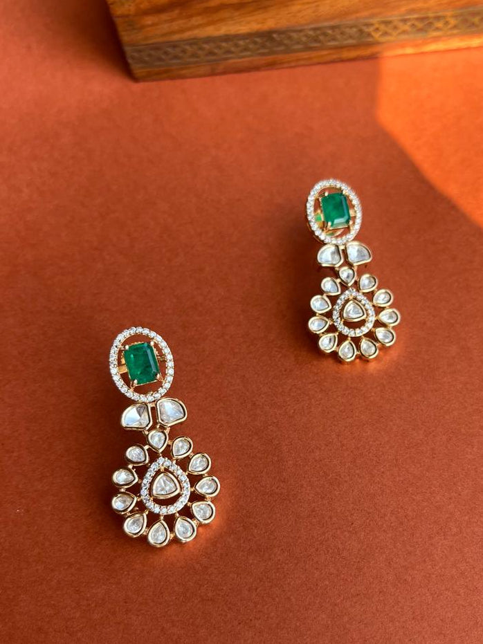 Gold Polki Green Stone Earrings VNE171