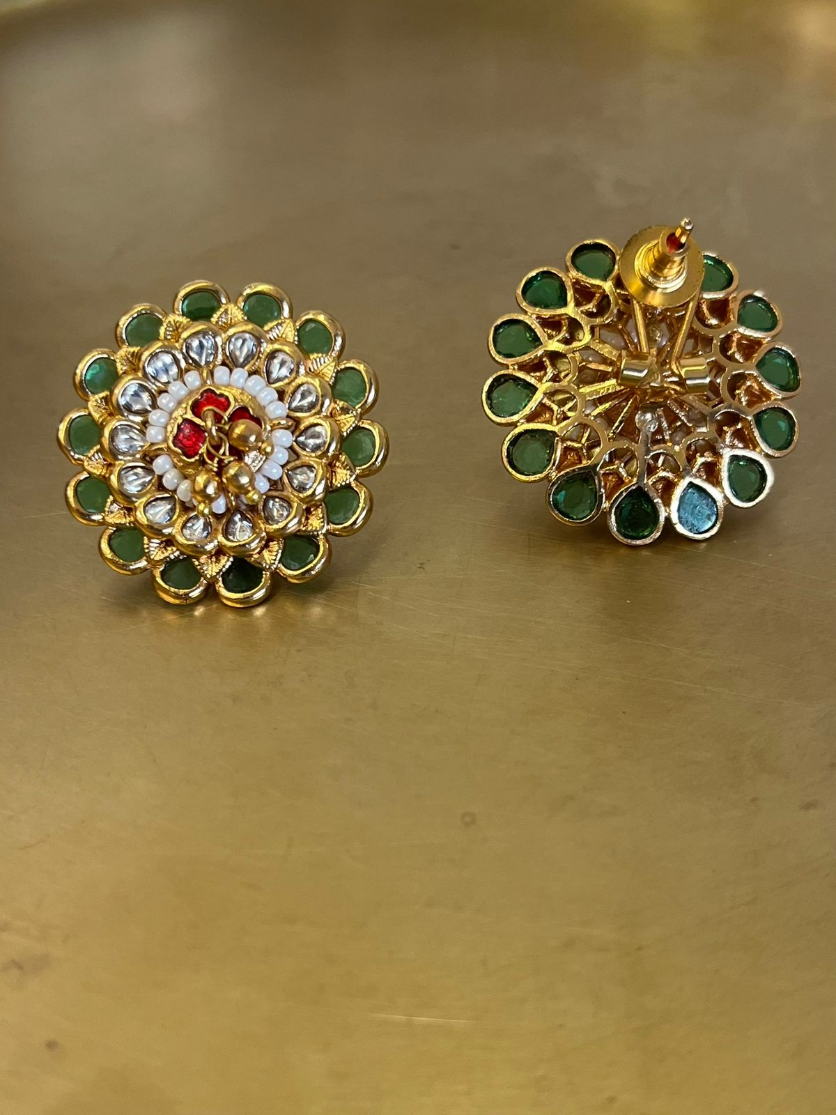 Floral Red Green Jadau Studs VNE310