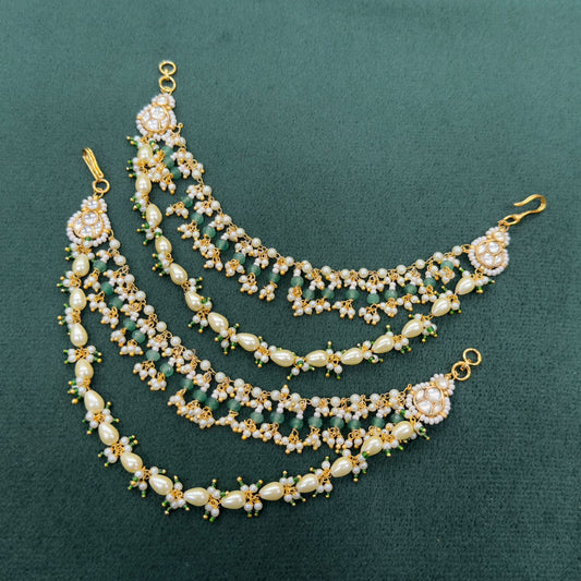 White Green Pearl Jadau Earchain - VNEC001