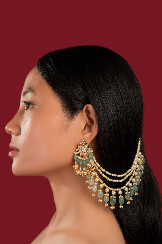 White Green Beads Earchain - VNEC002