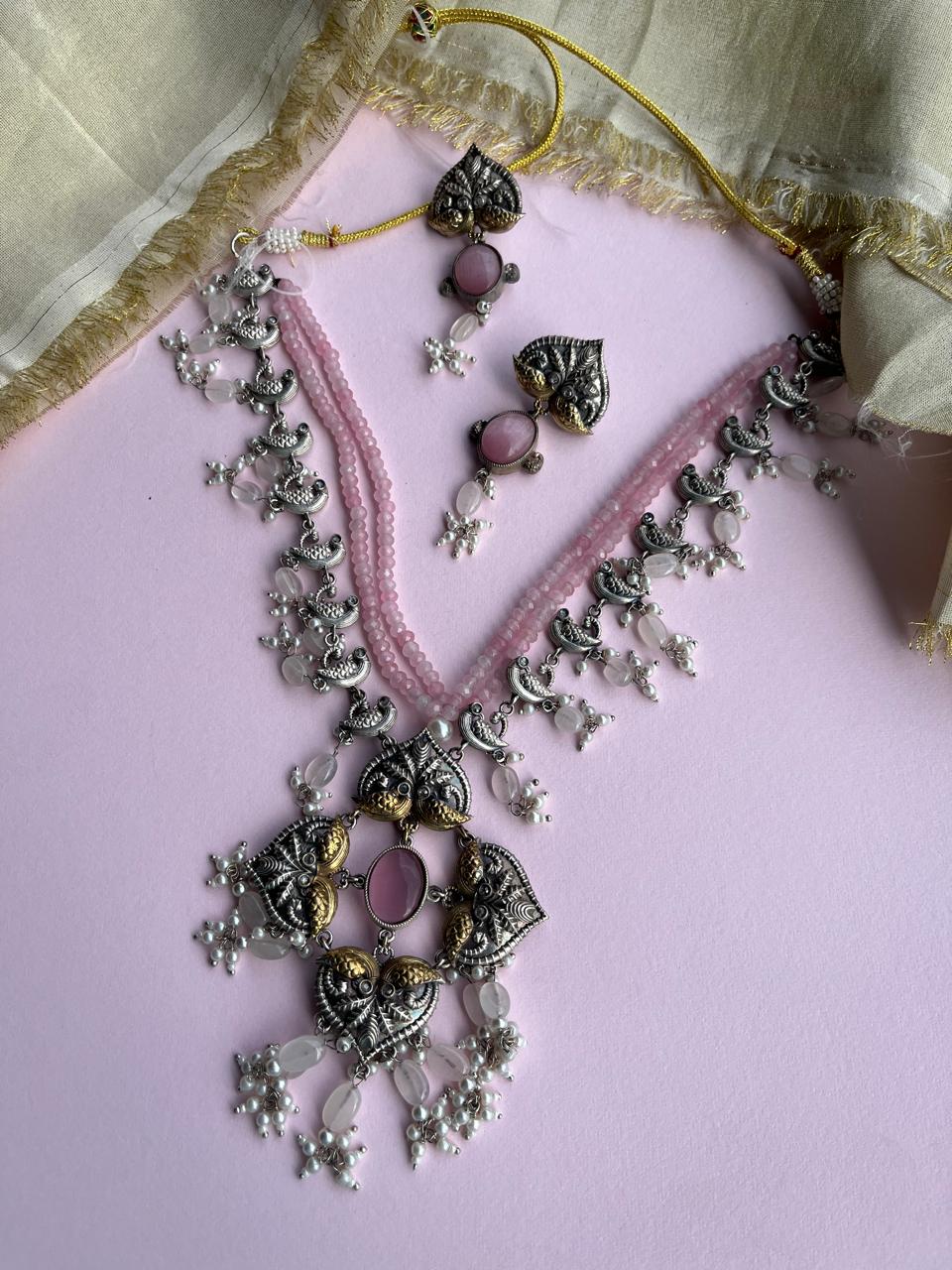 Pink Dual Tone Long Necklace Set VNG239