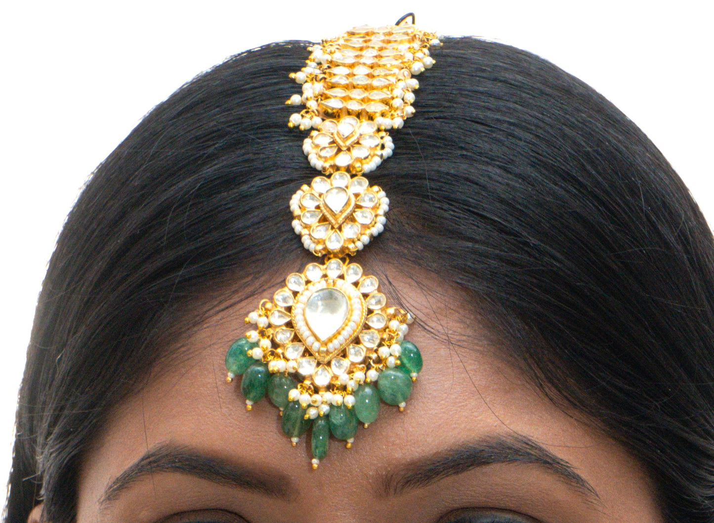White Jadau Tika With Green Beads - VNHA001