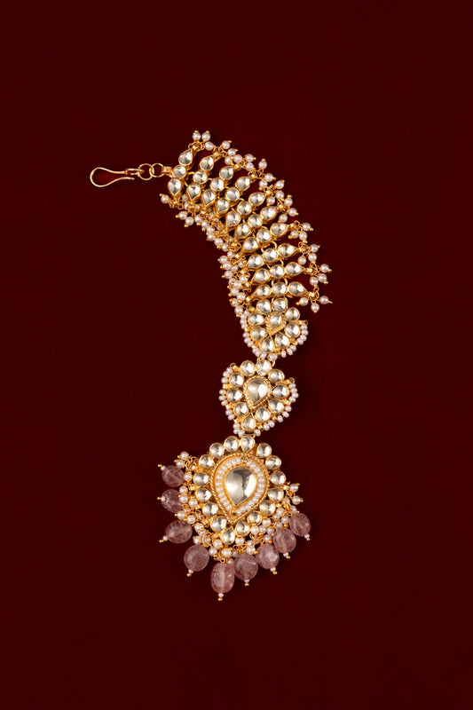 White Jadau Tika With Pink Beads - VNHA014