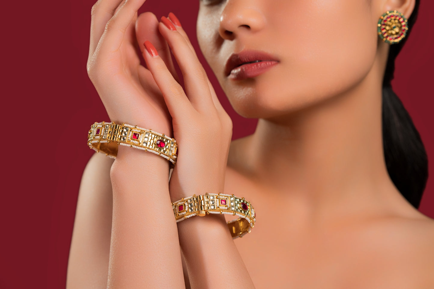 Red White Jadau Bangles - VNHN020