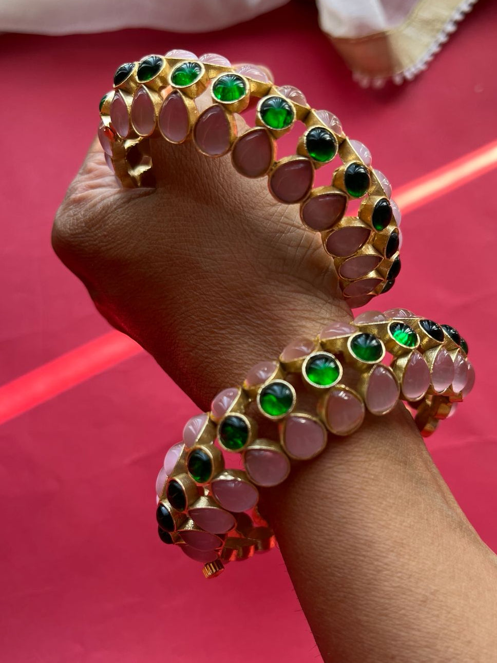 Pink Green Polki Bangles VNHN258