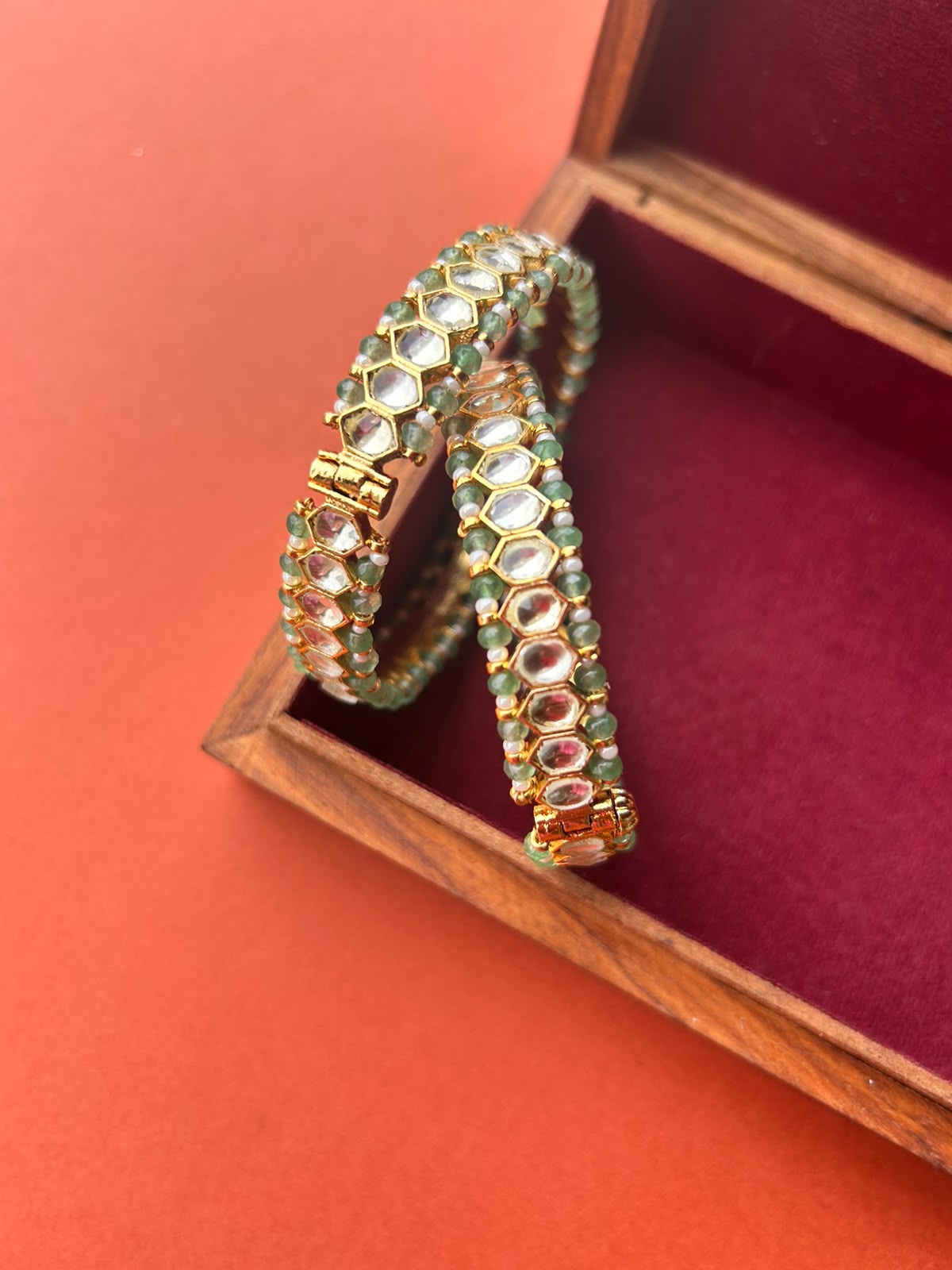 White Takkar Green Pearl Bangles- VNHN291