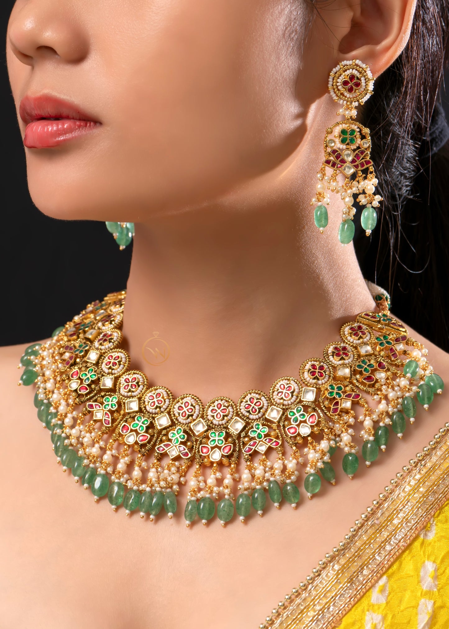 Multi Coloured Jadau Necklace Set - VNN002