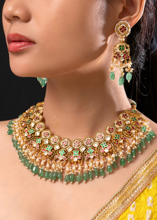 Multi Coloured Jadau Necklace Set - VNN002