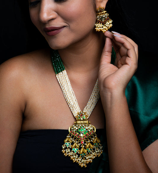 Long Multi Coloured Jadau Necklace Set - VNN003