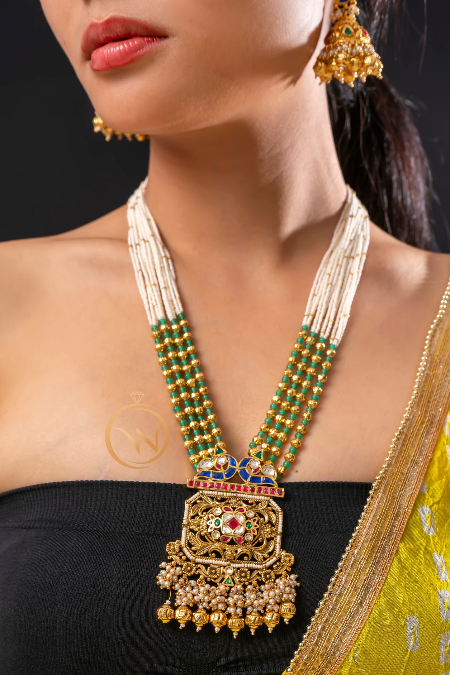 Jadau Long White Green Beaded Necklace Set - VNN006