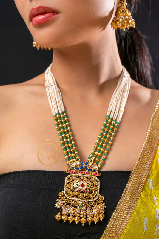 Jadau Long White Green Beaded Necklace Set - VNN006