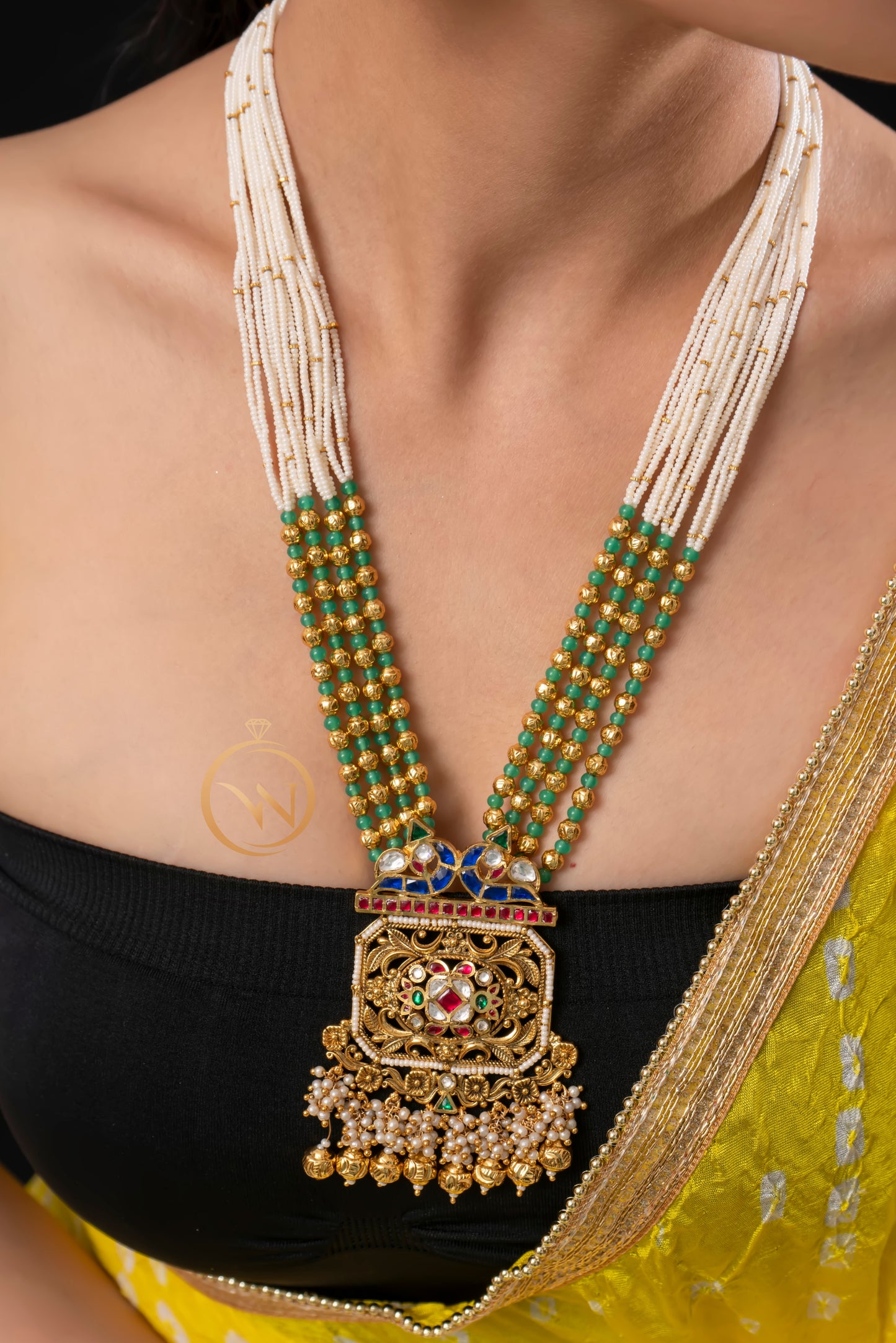 Jadau Long White Green Beaded Necklace Set - VNN006
