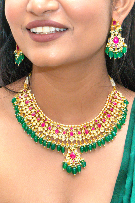 Multi Coloured Jadau Necklace Set - VNN009