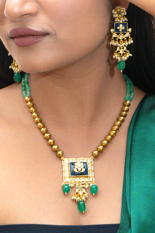 Blue Stone Jadau Green Pearl Gold ball Necklace Set - VNN010