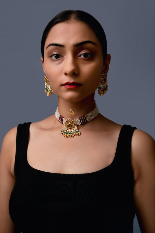 Maroon Pearl Jadau Choker Set - VNN011