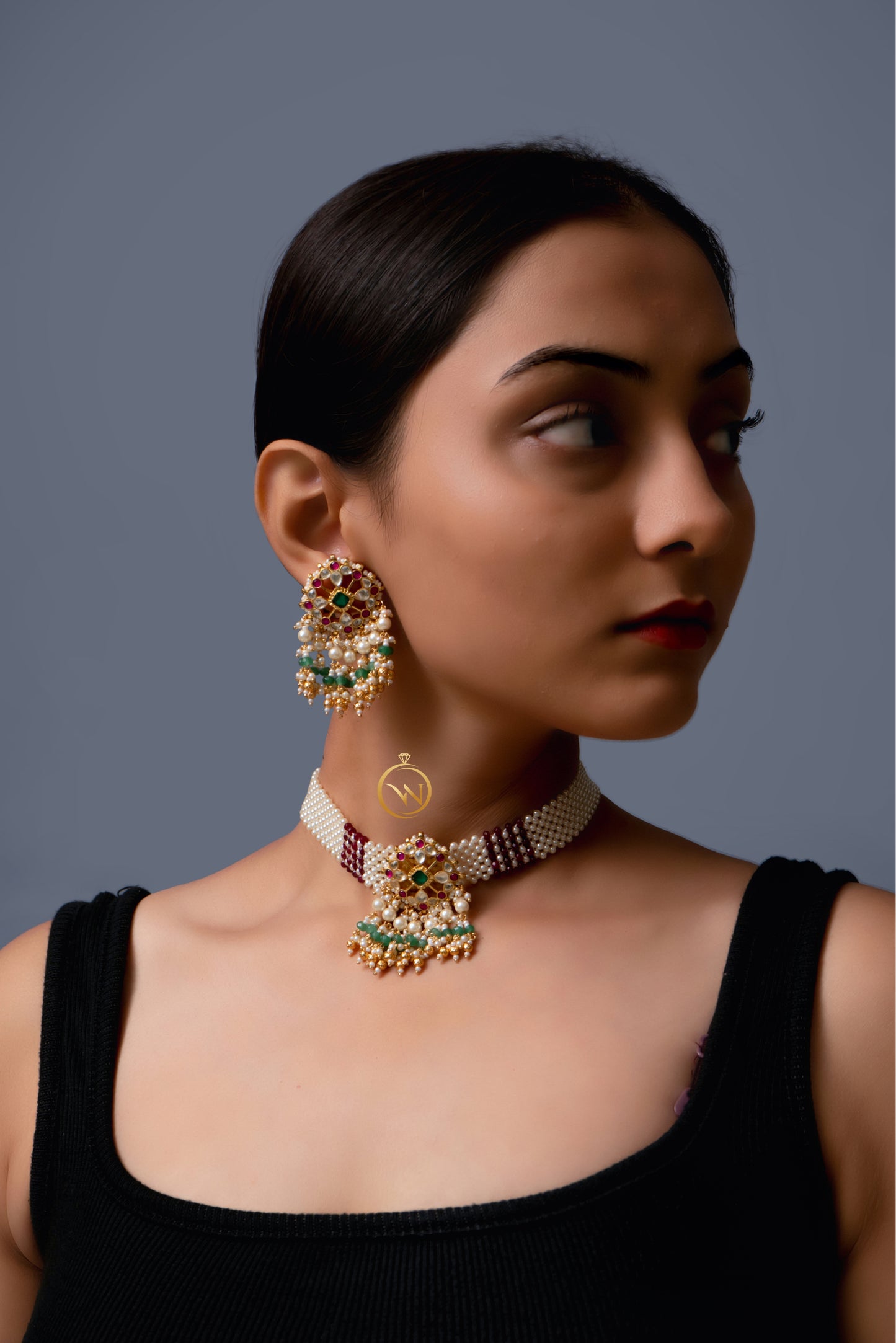 Maroon Pearl Jadau Choker Set - VNN011