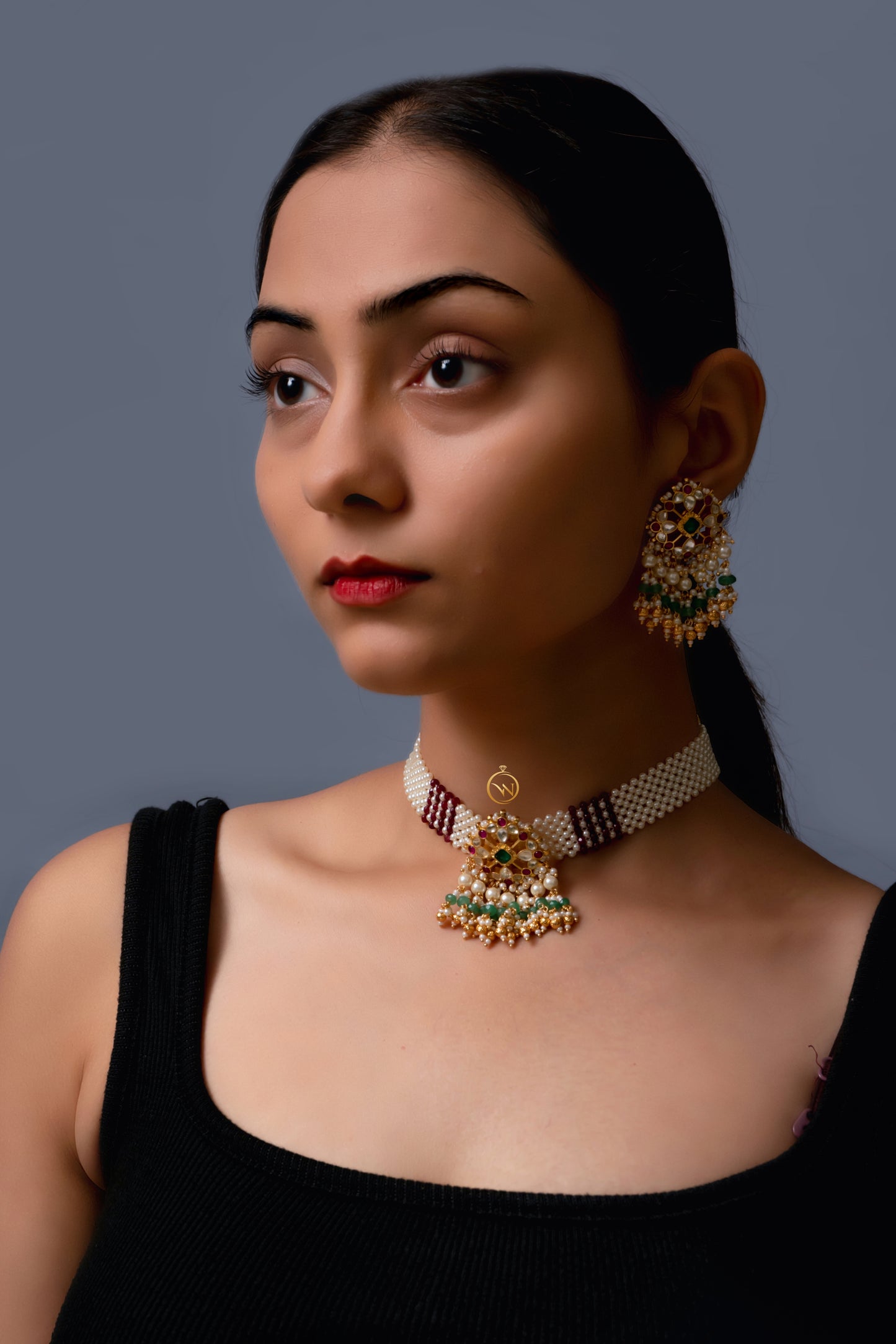 Maroon Pearl Jadau Choker Set - VNN011