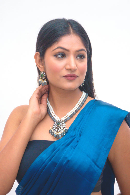 Long Grey Beaded Green Stone Polki Necklace Set - VNN017
