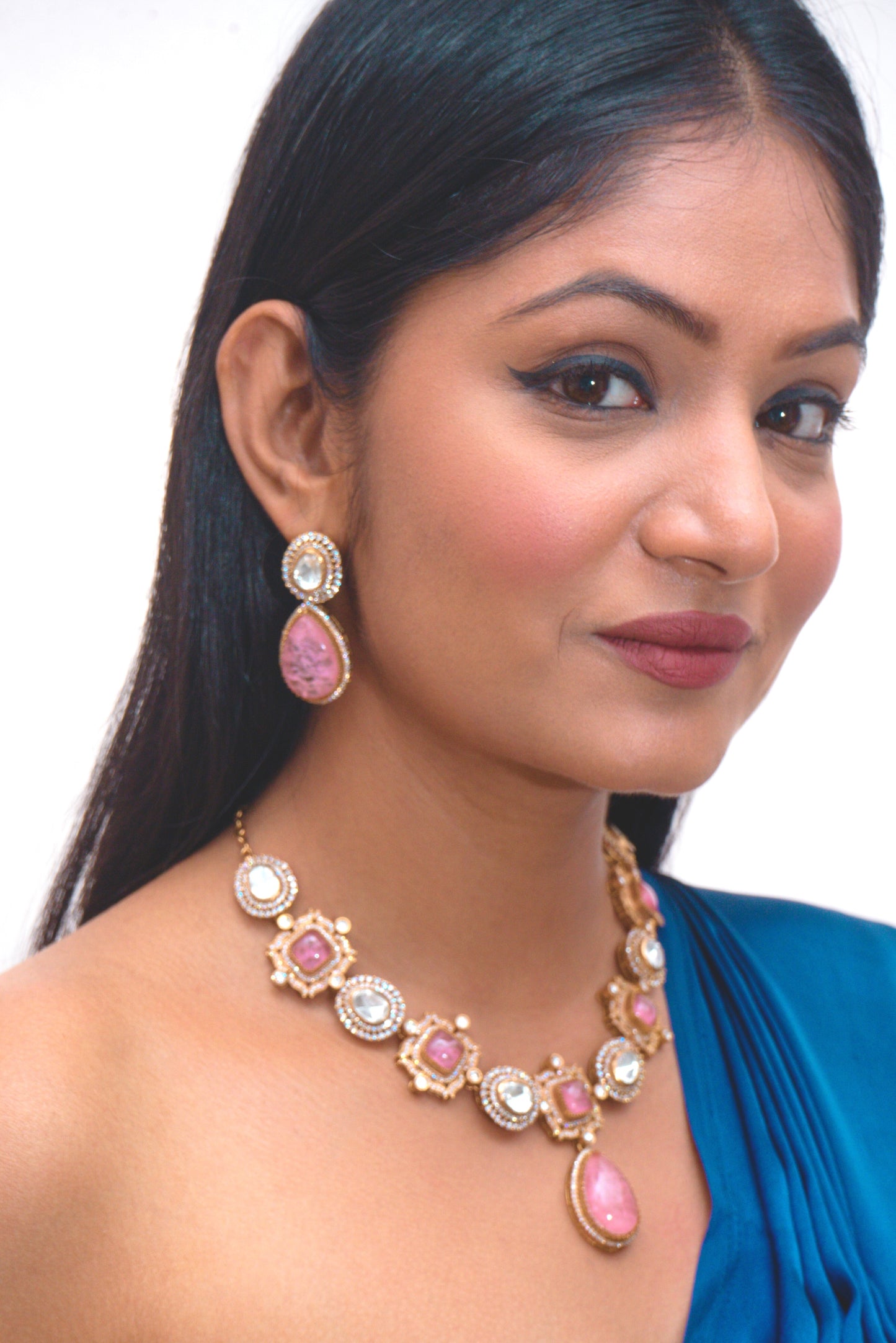 Pink Stone Polki Necklace Set - VNN018