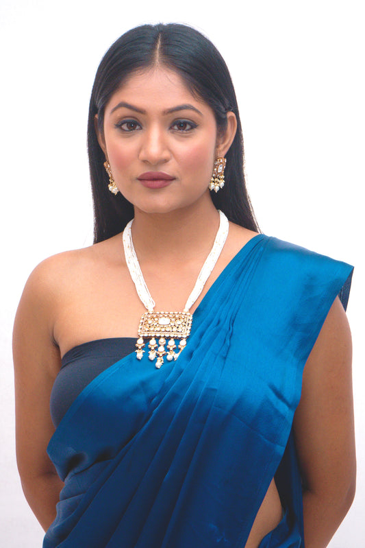White Polki Long Necklace Set - VNN019