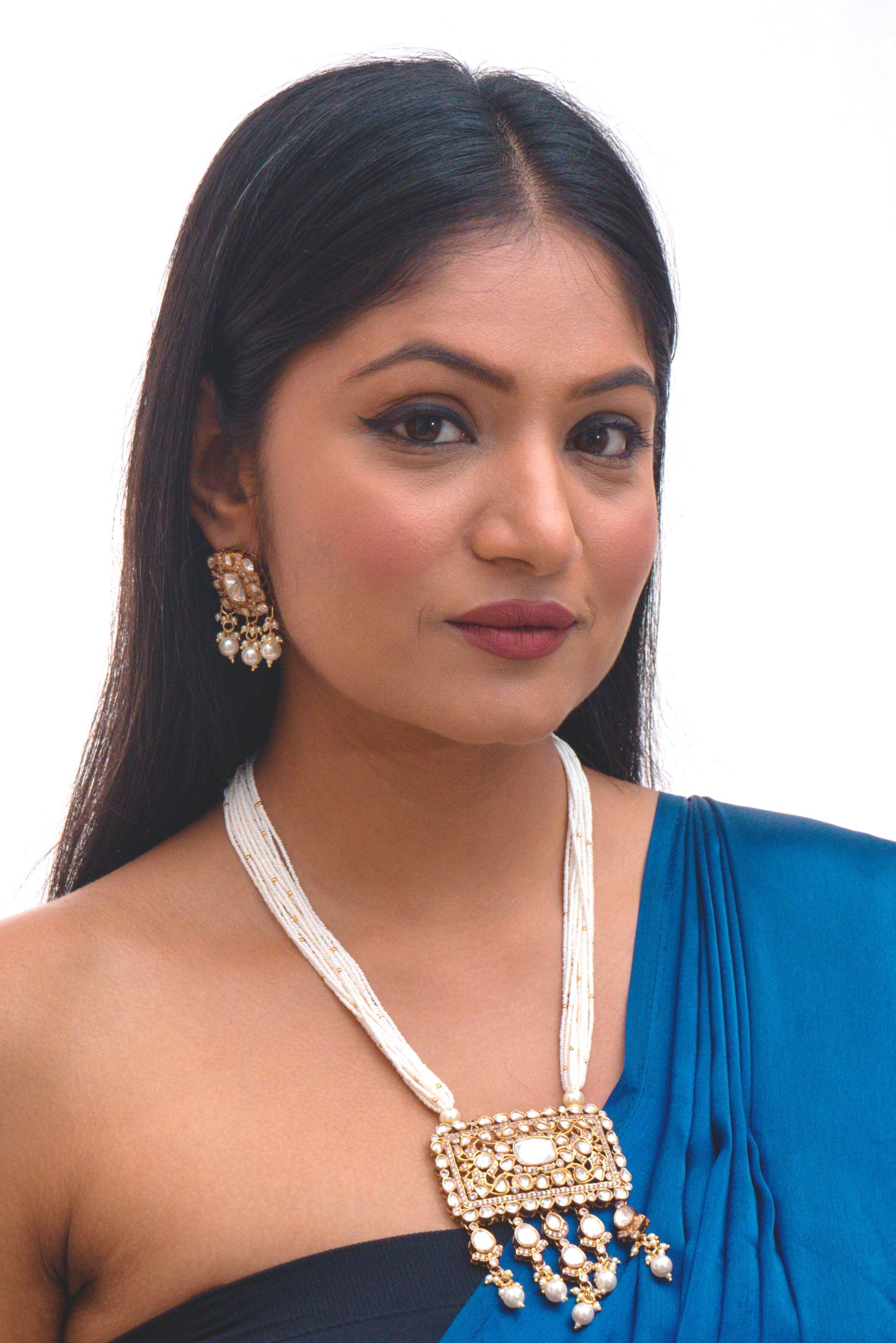 White Polki Long Necklace Set - VNN019