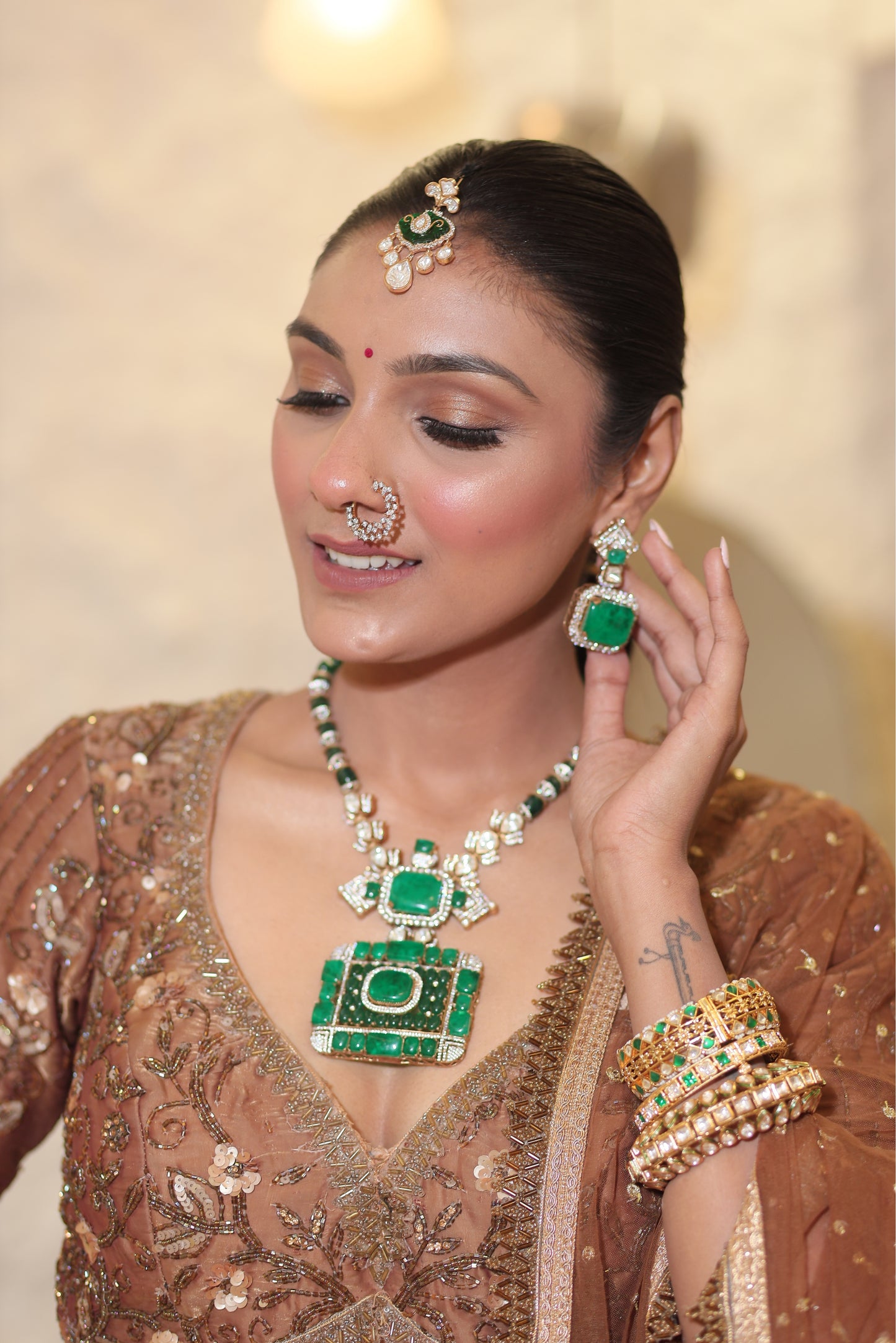Emerald Green Polki Necklace Set - VNN020