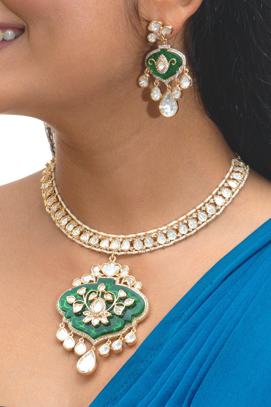 Green Stone Polki Necklace Set - VNN023