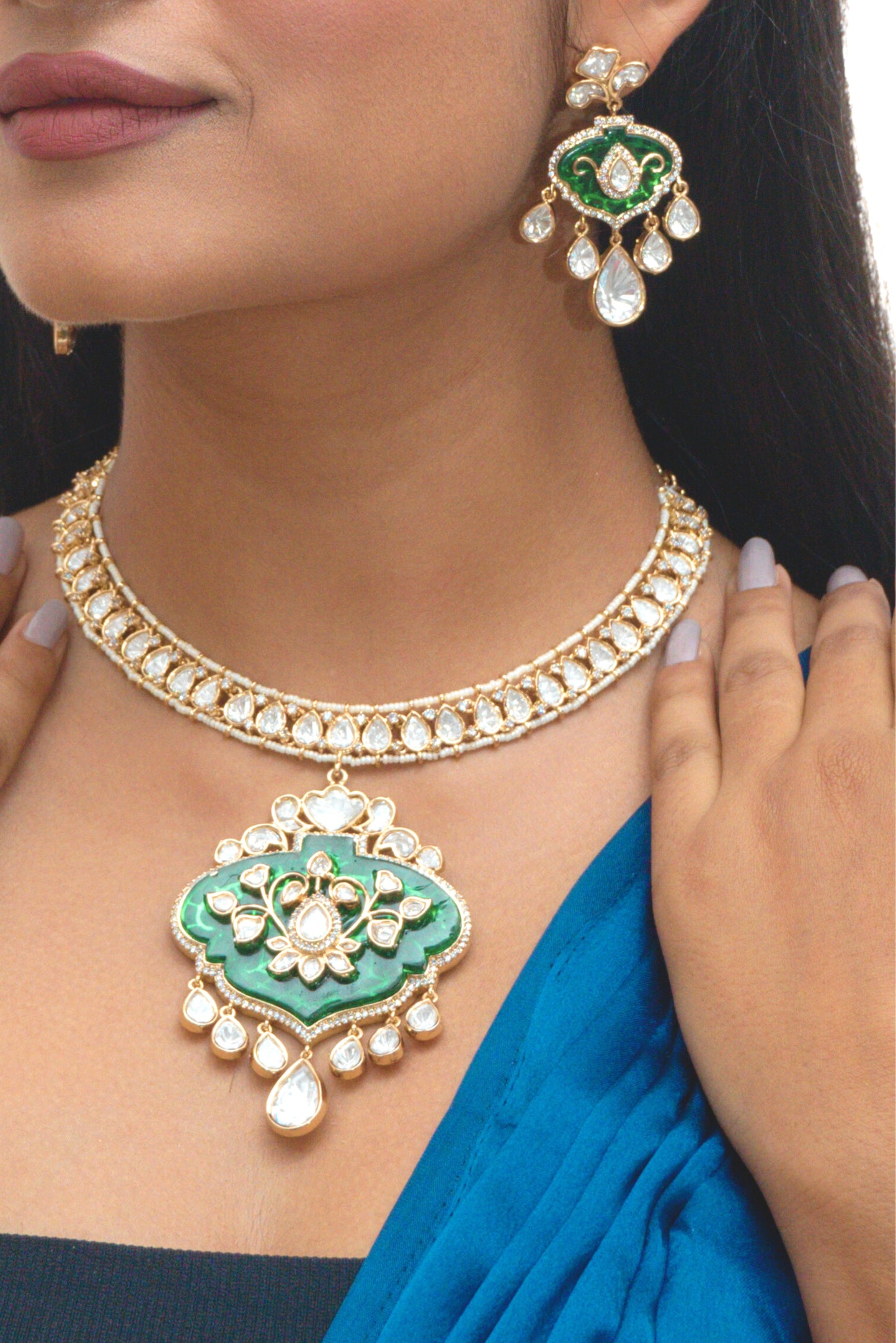 Green Stone Polki Necklace Set - VNN023