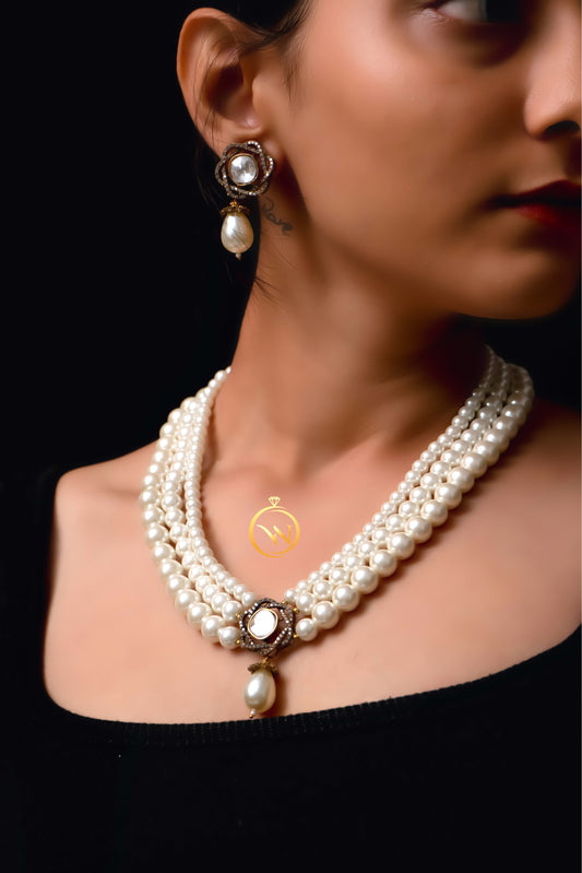 White Pearl Polki Diamond Necklace Set - VNN025