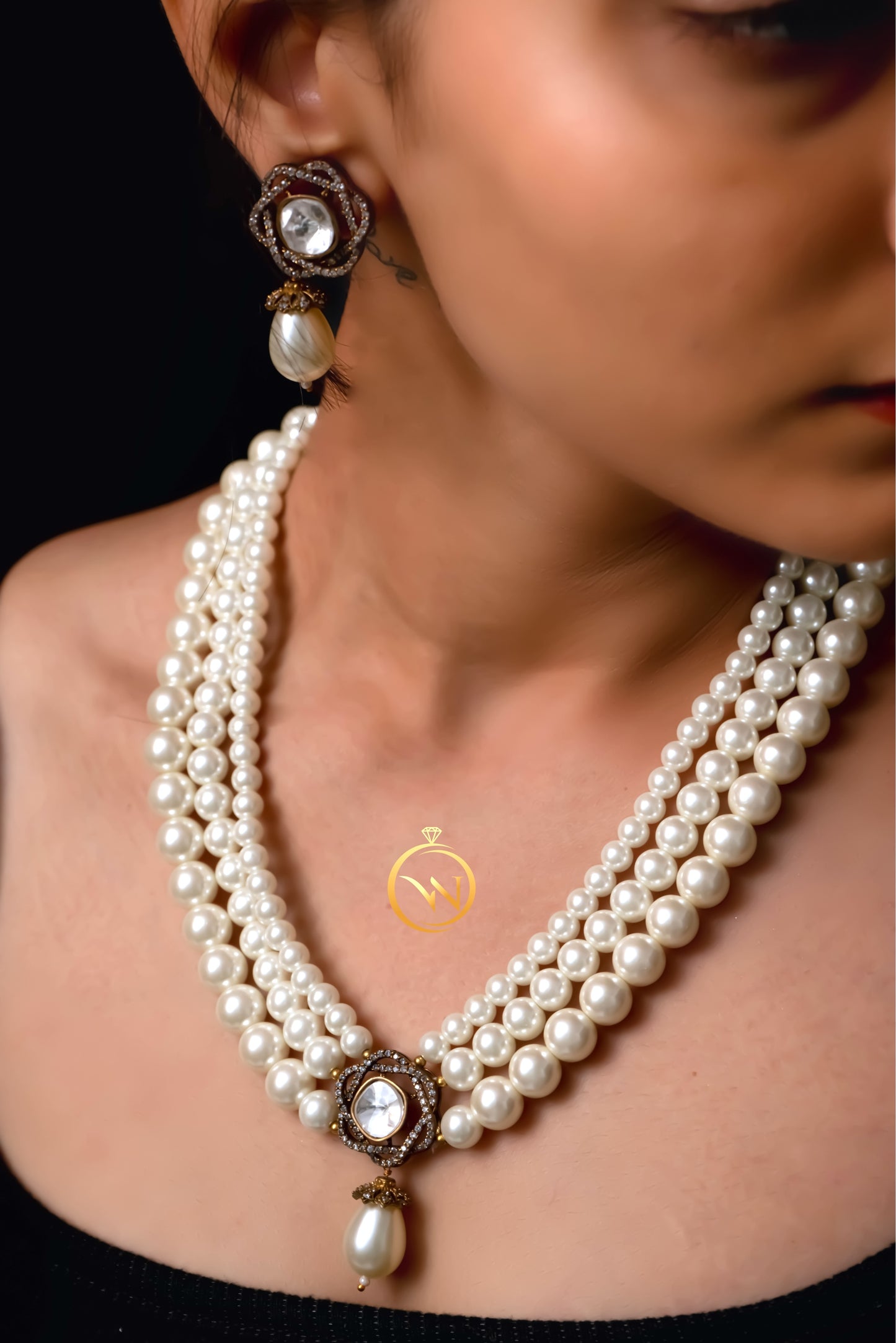 White Pearl Polki Diamond Necklace Set - VNN025