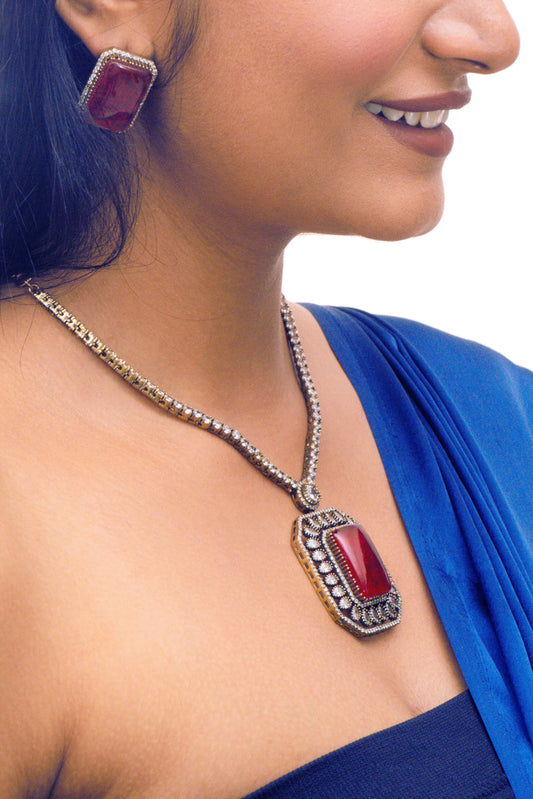 Victorian Diamond Maroon Stone Necklace Set - VNN027