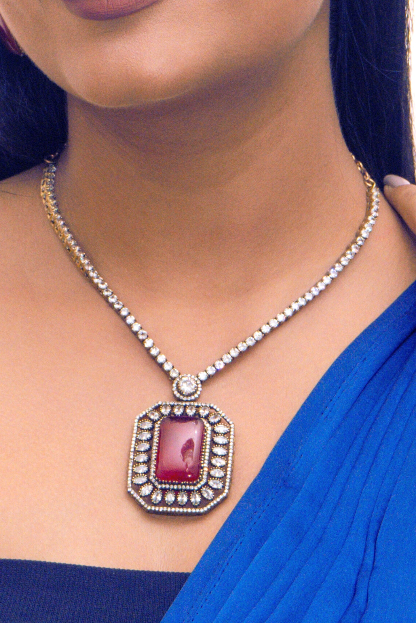Victorian Diamond Maroon Stone Necklace Set - VNN027
