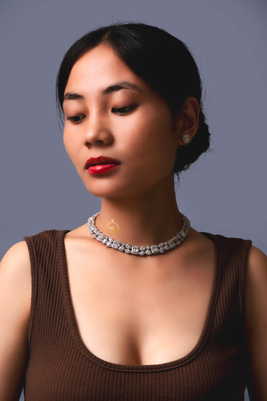 Single Line Diamond Necklace Set - VNN029