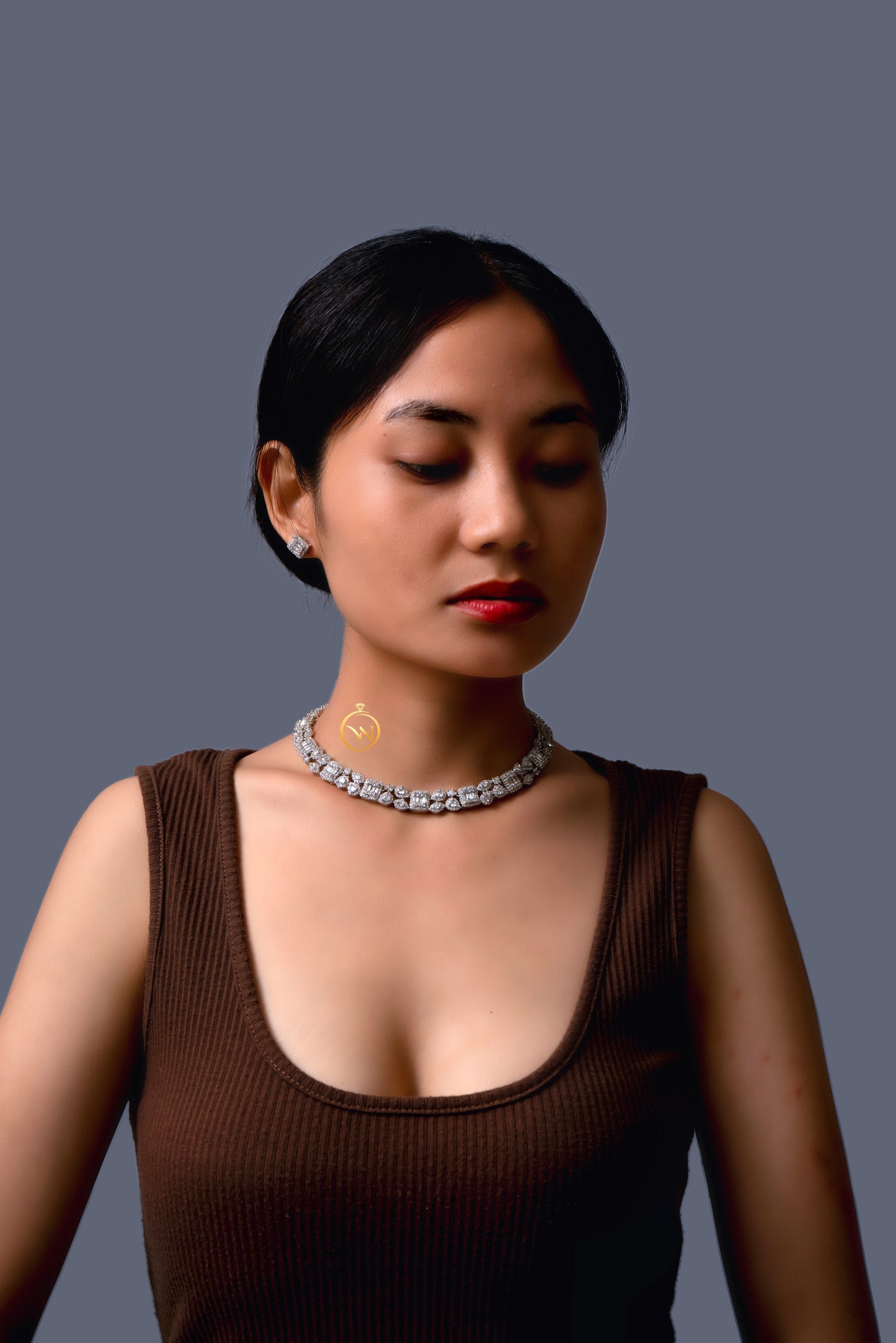 Single Line Diamond Necklace Set - VNN029