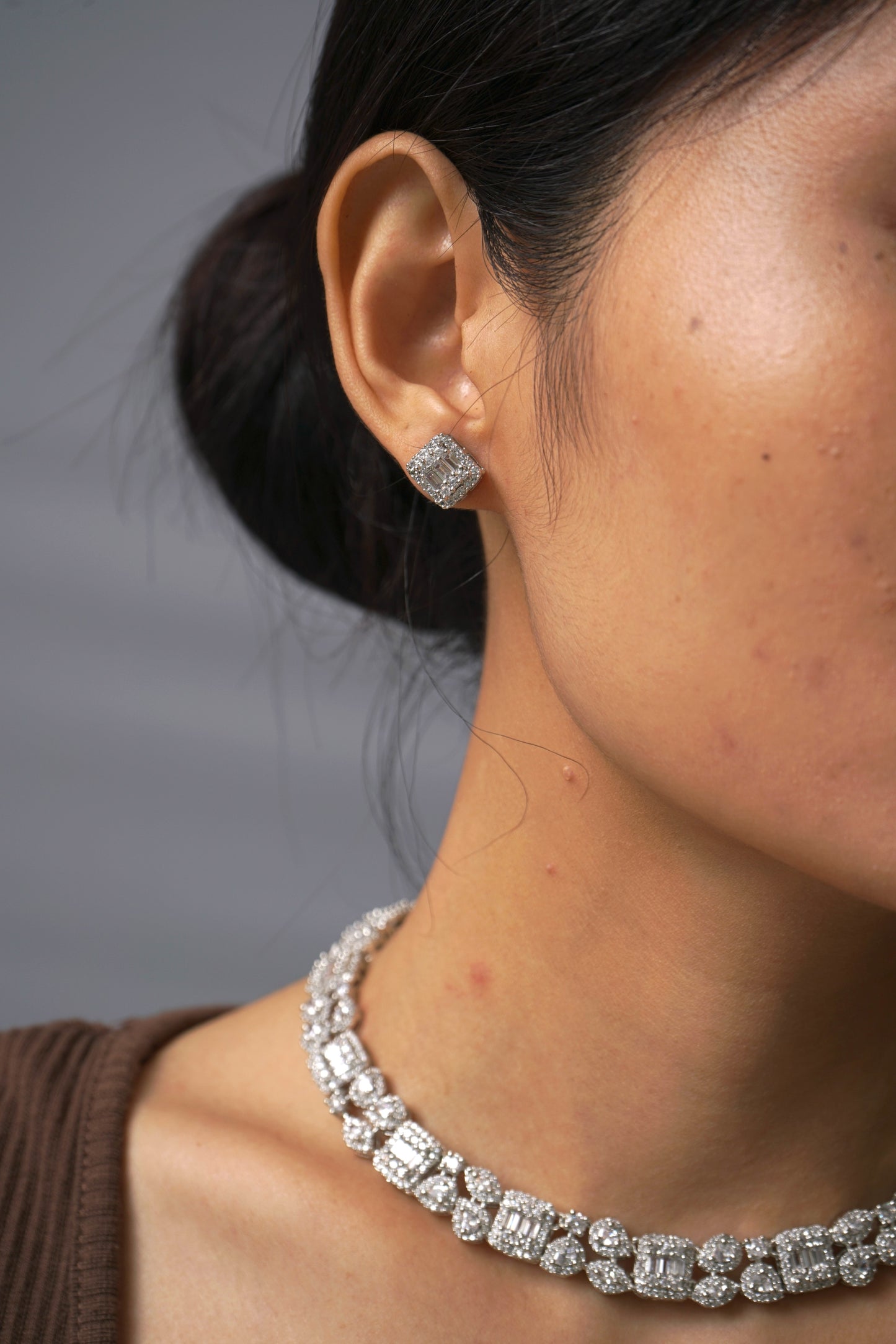 Single Line Diamond Necklace Set - VNN029