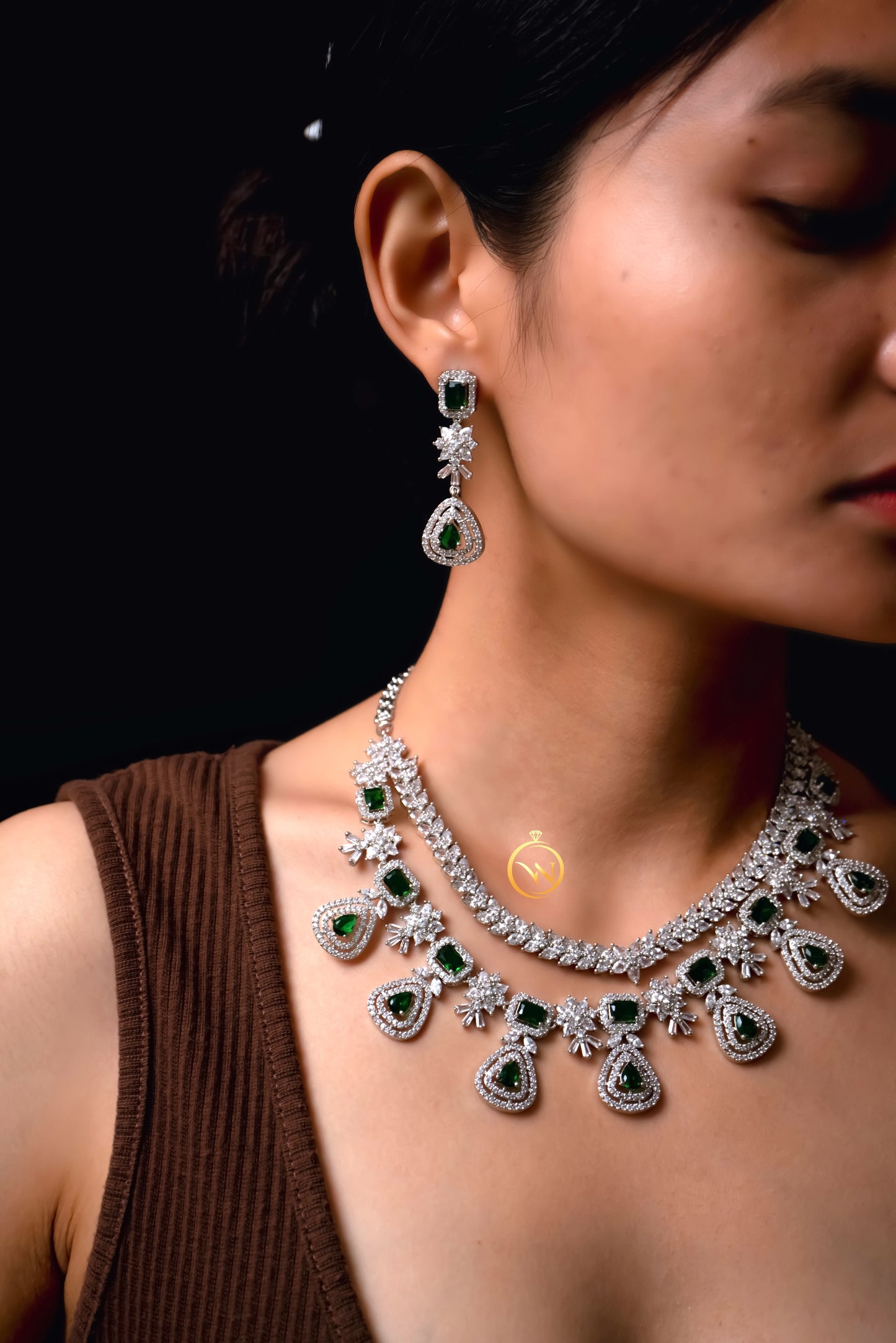 Green Double Layered Diamond Necklace Set - VNN032