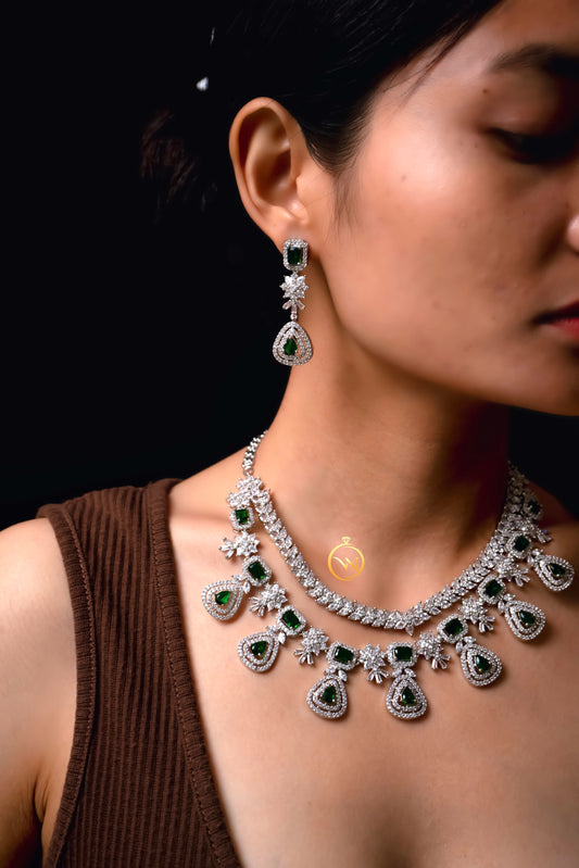 Green Double Layered Diamond Necklace Set - VNN032