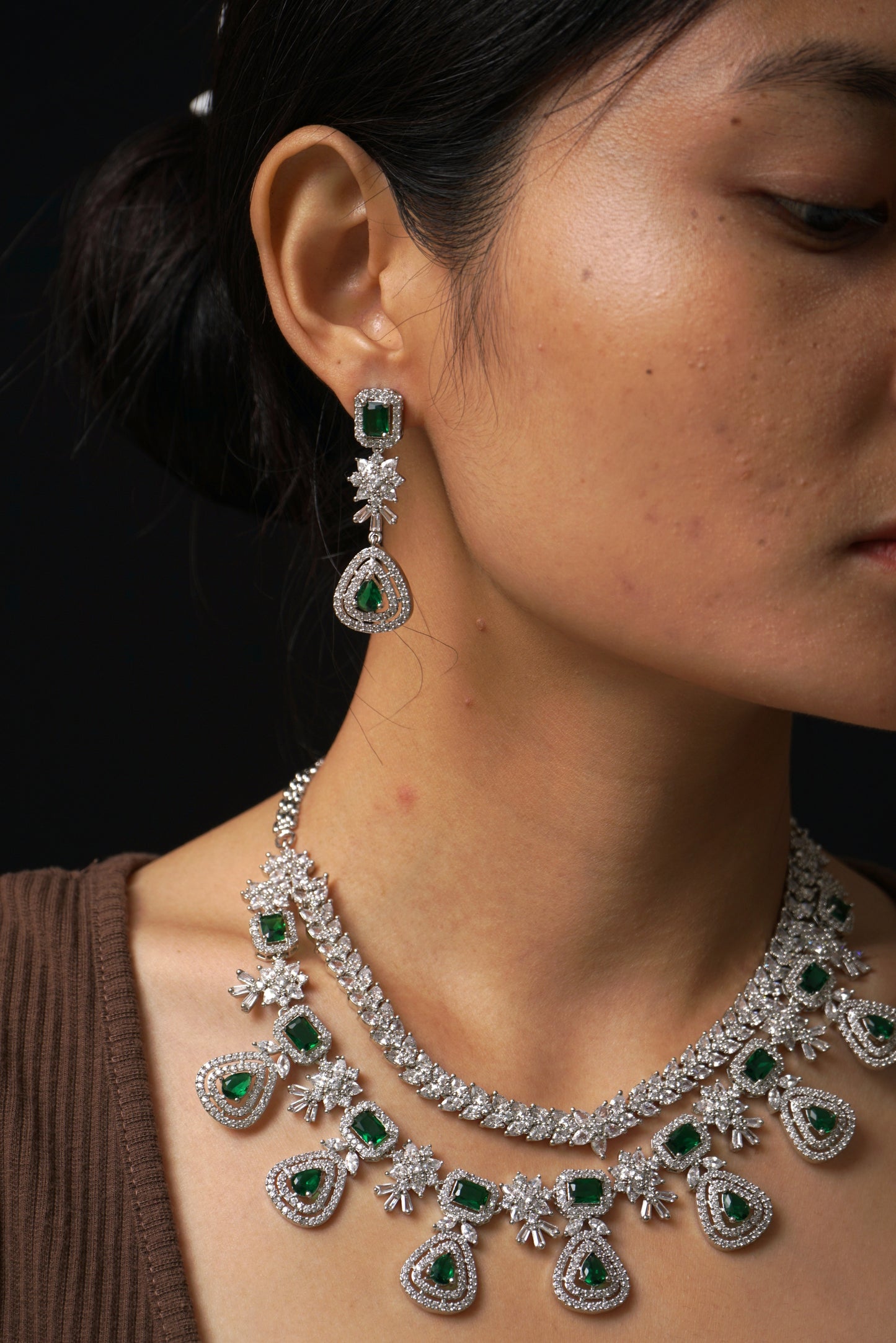 Green Double Layered Diamond Necklace Set - VNN032