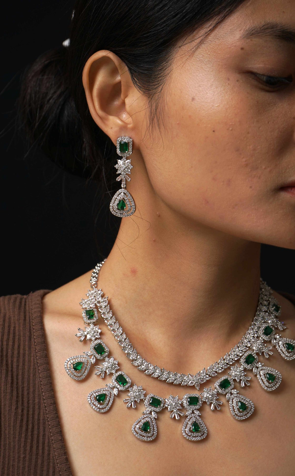 Green Double layered Diamond Necklace set - VNN032